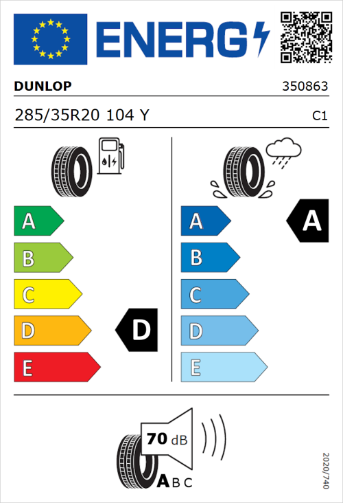Tyre Label for Dunlop SP SPORTMAXX GT600 ROF 285/35R20 104Y
